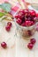 Summer fruits closeup cherries jar processed