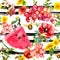 Summer fruits, meadow flowers and honey bees. Seamless food pattern. Watercolour with hand painted stripes and lines