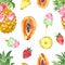 Summer fruits seamless pattern. Fun and cute print with pineapple, papaya, strawberry, watermelon popsicles on white background.