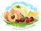 Summer fruits. Still life on a white background. Vector illustration. Apple, apricot, peach, cherry, orange. Grass, sky with cloud