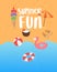 Summer fun on sea beach banner with ocean sand, sun umbrella, swimming flamingo, holiday elements vector illustration.