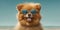 Summer Fun Smiling Pomeranian Dog Wearing Funny Sunglasses on the Beach. Generative AI