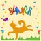 Summer funny cat chasing butterfly. Hand drown doodle red cat runs with the word summer. For greeting card, t shirt