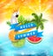 Summer Funny Poster Design with Parrot Cockatoo, Slices of Watermelon
