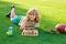 Summer games and outdoor activities for kids. Kid laying on grass enjoy summer lifestyle. Child chessman play chess game