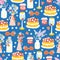 Summer garden party seamless vector pattern blue. Strawberry cake, wine cocktail, vase with flowers and sunglasses