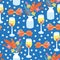 Summer garden party seamless vector pattern. Wine cocktail, vase with flowers and sunglasses repeating background