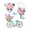 Summer garden set, watercolor bicycle with floral basket, rain boot, flower pot with bouquet