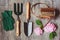 summer gardener table top view with garden tools, watering can