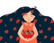 Summer girl. Cute girl with dark blue hair with pattern of red strawberry in orange dress. Bowl of strawberries.