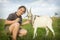 In the summer, a girl feeds a goat in the field