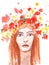 Summer girl with red hair. Bright watercolor. Woman face. Fashion illustration.