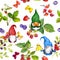 Summer gnomes, butterflies in forest meadow with various wild berries. Seamless floral pattern with garden plants