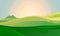 Summer green landscape field dawn above hills with grass. Sunrise in countryside. Cartoon eco farm park. Vector