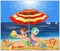 Summer greeting card, cute little boy and girl building sandcastles on the beach