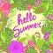 Summer greeting card with hello summer lettering, tropical leaves, hibiscus and other exotic flowers for bag, Tshirt, summery part