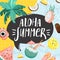 Summer greeting card. Stylish typography slogan design `Aloha summer` sign.