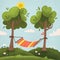 Summer hammock with trees in forest or garden, grass, sun and clouds. Flat textured illustration