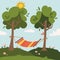 Summer hammock with trees in forest or garden, grass, sun and clouds. Flat vector illustration