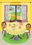 Summer hand drawn poster calm comfortable rest village home. Cozy summertime tea in interior country house. Teapot, cups