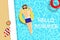 Summer, handsome man have a sunbath top view, swimming pool, vacation seasonal holiday, relax time background vector illustration