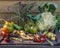 Summer harvest, a variety of vegetables, tomatoes, beans, a head of cauliflower