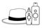 Summer hat and sun bronzer bottles in black and white