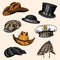 Summer Hats vintage collection for elegant men. Fedora Derby Deerstalker Homburg Bowler Straw Beret Captain Cowboy