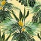 Summer Hawaiian seamless pattern with many types of palm leaves and exotic yellow flowers.