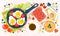 Summer healthy Breakfast - eggs, vegetables, pancakes, coffee, avocado, toast, jam, tomatoes, berries. Hand drawn illustration of