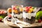 Summer healthy diet breakfast, snack concept. Triffle of chocolate biscuit with yogurt and fresh berries and fruits. Two portioned