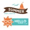 Summer hello holidays logotype with sun in sunglasses and ship