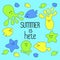 Summer is here. Cute funny characters, Jellyfish octopuses, starfish. Flat hand-drawing.Vector illustration