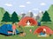Summer hiking. Campsite. Happy women meditating, cooking meal on fire, drinking tea, flat vector illustration.