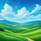 Summer hills green blue sky with flat style cartoon painting