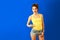 Summer Hipster Fashion Girl on Blue Background