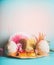 Summer holiday background with accessories: straw hat, coconut drinks, sunglasses. palm leaves and exotic flowers , front view.