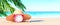 Summer holiday background with alarm clock on the sandy beach. Last minute travel concept. 3D render