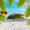 summer holiday background with palm leaves ,sunflower,sunglasses,and tropical beach background.