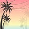 Summer holiday. Background with silhouette of Coconut trees with decorative lights.