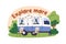 Summer holiday camp. Camper car for adventure. RV vehicle, trailer, mobile home on wheels for travel, rest. Vacation