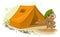 Summer holiday camp. Scout owl standing near tent. Owl bird tourist tent set. Camping