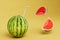 summer holiday concept. vitamin cocktail with straw in watermelon next to slices of watermelon. 3d render