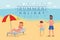 Summer holiday flat vector banner. Cartoon tourist sunbathing on beach, playing ball game, woman on deck chair drinking