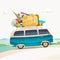 Summer holiday illustration with retro minibus