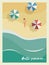Summer holiday or party poster or postcard template with sunny sandy beach, woman in bikini, sea with waves and