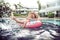 Summer holiday by the pool . Woman relaxes on an inflatable circle in the pool