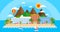 Summer holiday on sea banner. Bright travel summer island landscape in flat style. Beach island with mountains, hotels