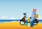 Summer holiday and seascape with scooter and travel icon set in flat design.Vector