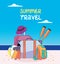 Summer Holiday and Summer Camp poster. Travel bag, luggage isolated on background. Suitcase, straw hat, beach ball, bag, diving